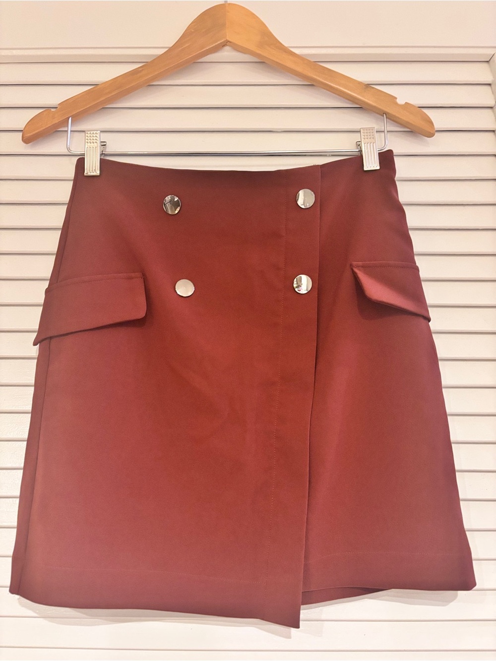 Dynamite Brick Red Double-Breasted Mini Skirt with Flap Pockets
